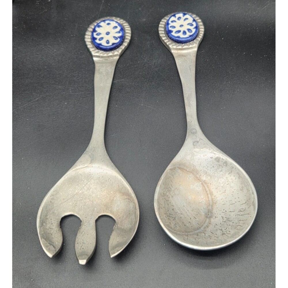 Albuhi Cast Aluminum Ceramic Salad Tossing Serving Set Fork Spoon Made in Mexico
